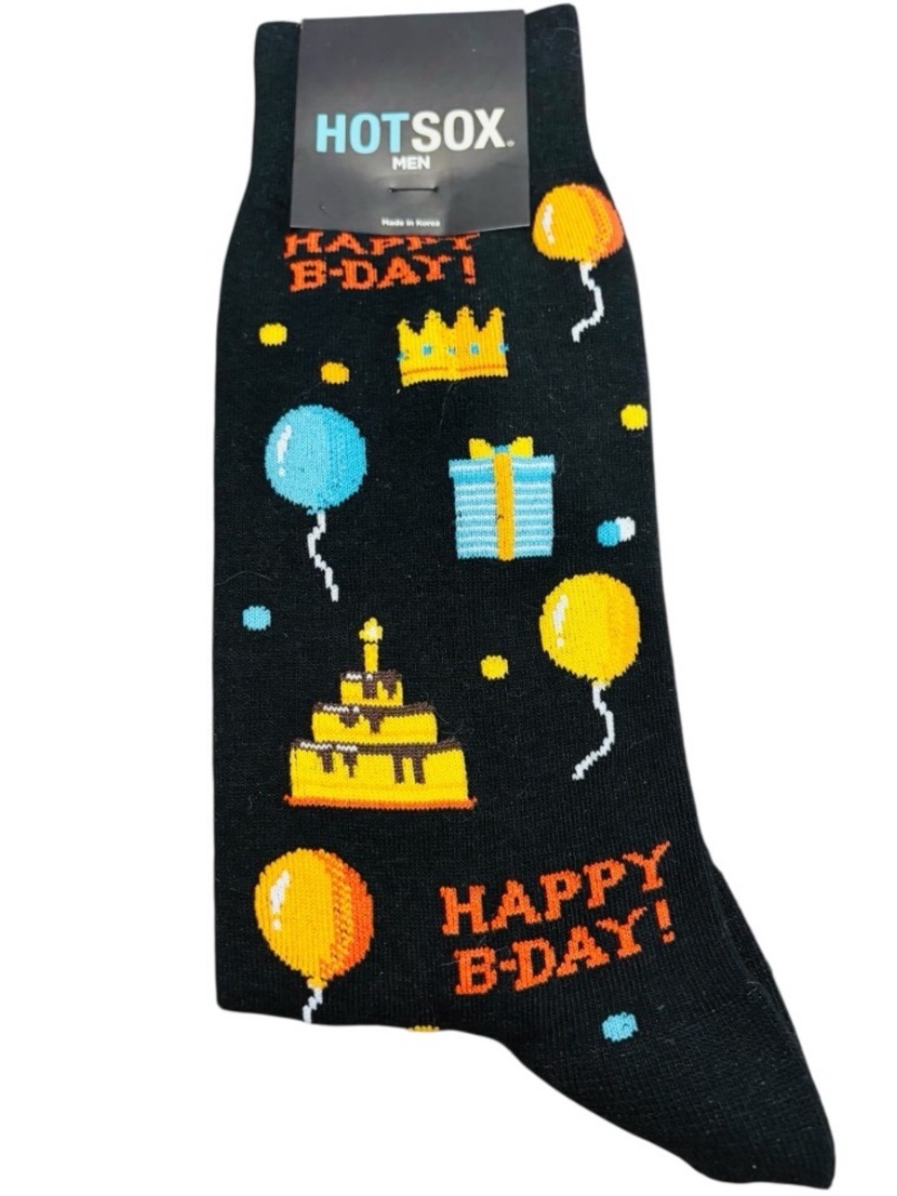 NWT Hot Sox Black Novelty Birthday Crew Socks with Yellow and Blue Accents